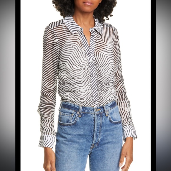 NWOT TANYA TAYLOR Ryann Zebra Print Silk Chiffon Blouse In Zebra - Black/ White - Picture 1 of 8